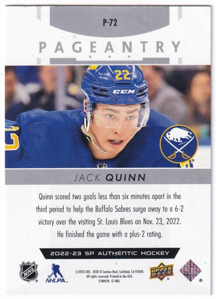 2022-23 SP Authentic Pageantry #P72 Jack Quinn Buffalo Sabres Hockey Card