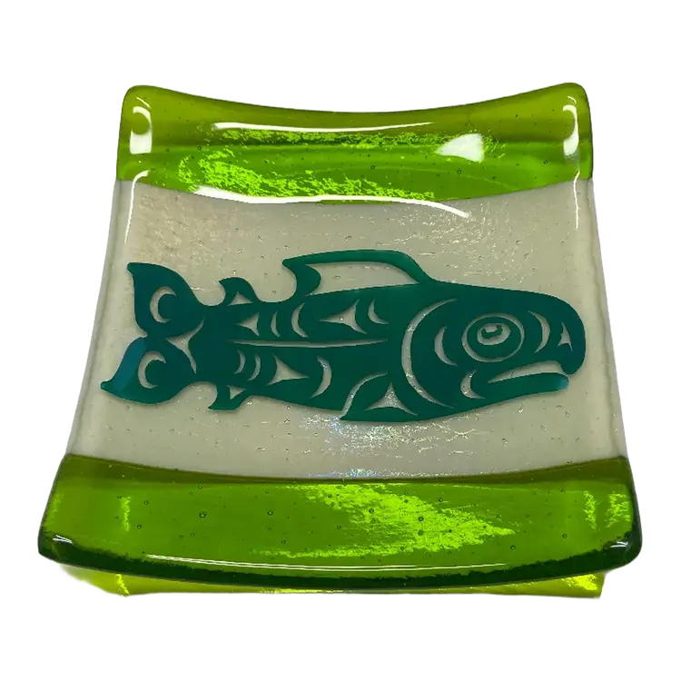 NW Coast Indigenous Style Fused Glass Tray w/ Formline Salmon, 4.75 x 4.75