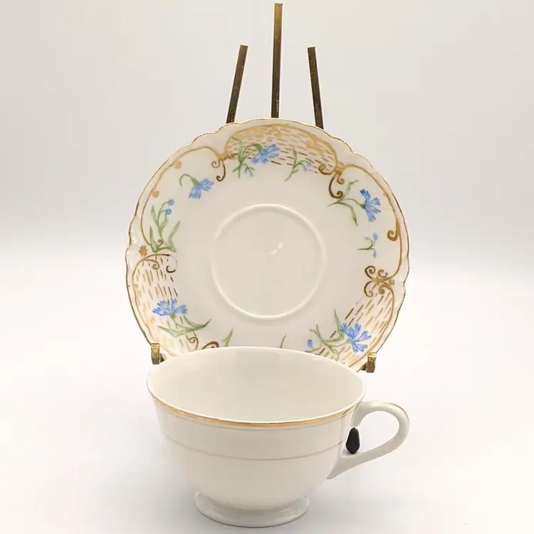 #01 1898 Haviland & Co. Limoges France Blue Flower Scalloped Gold Teacup & Saucer