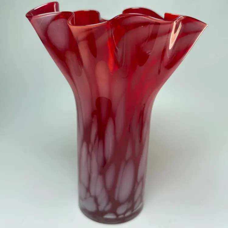 Ruby Red Speckled 8" Art Glass Handkerchief Vase Hand Blown Ruffle Stretched