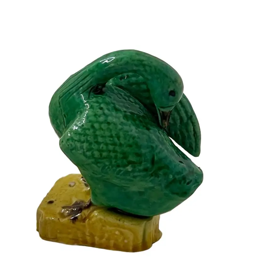 Vintage Figurine Chinese Duck Goose Pottery Green & Yellow 
3.25” T x 2.25” L x 1” W