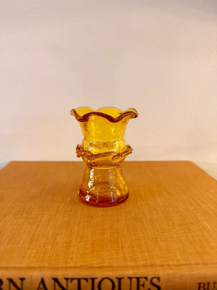 Stunning Vintage Amber Crackle Glass Miniature Vase / Mid-Century Art Glass
