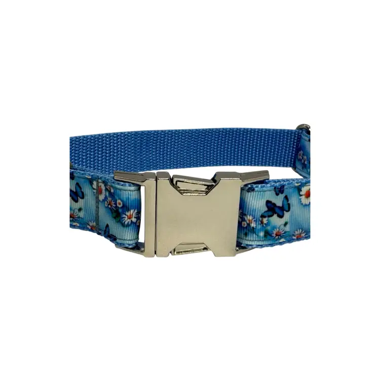 Dog Collar Blue Butterfly Daisy Flower Print Large Handmade Heavy Duty Metal Buckle New