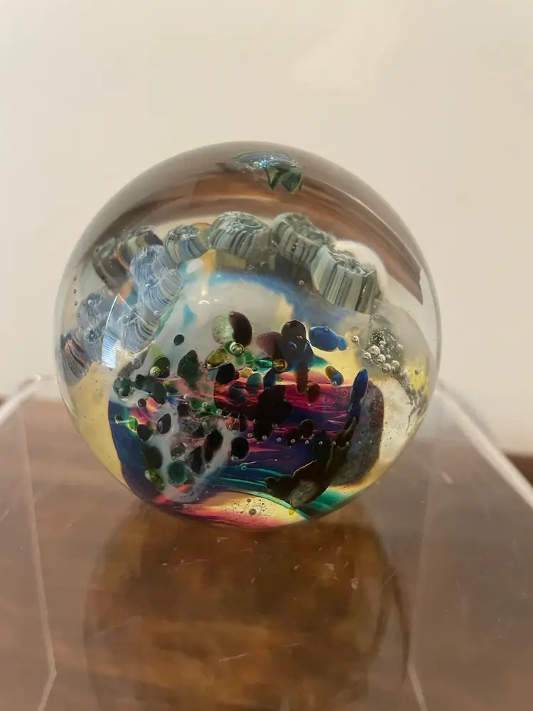 3.5" Signed Josh Simpson Inhabited Megaplanet Art Glass Paperweight 8.04  71-75