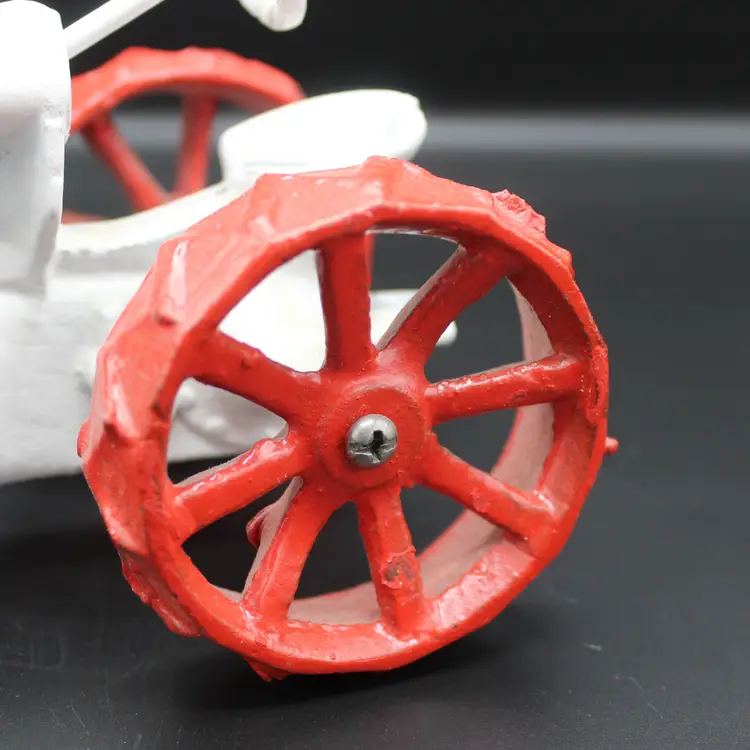 Vintage Cast Iron Toy Tractor White Red Wheels Folk Art Country Farmhouse Decor