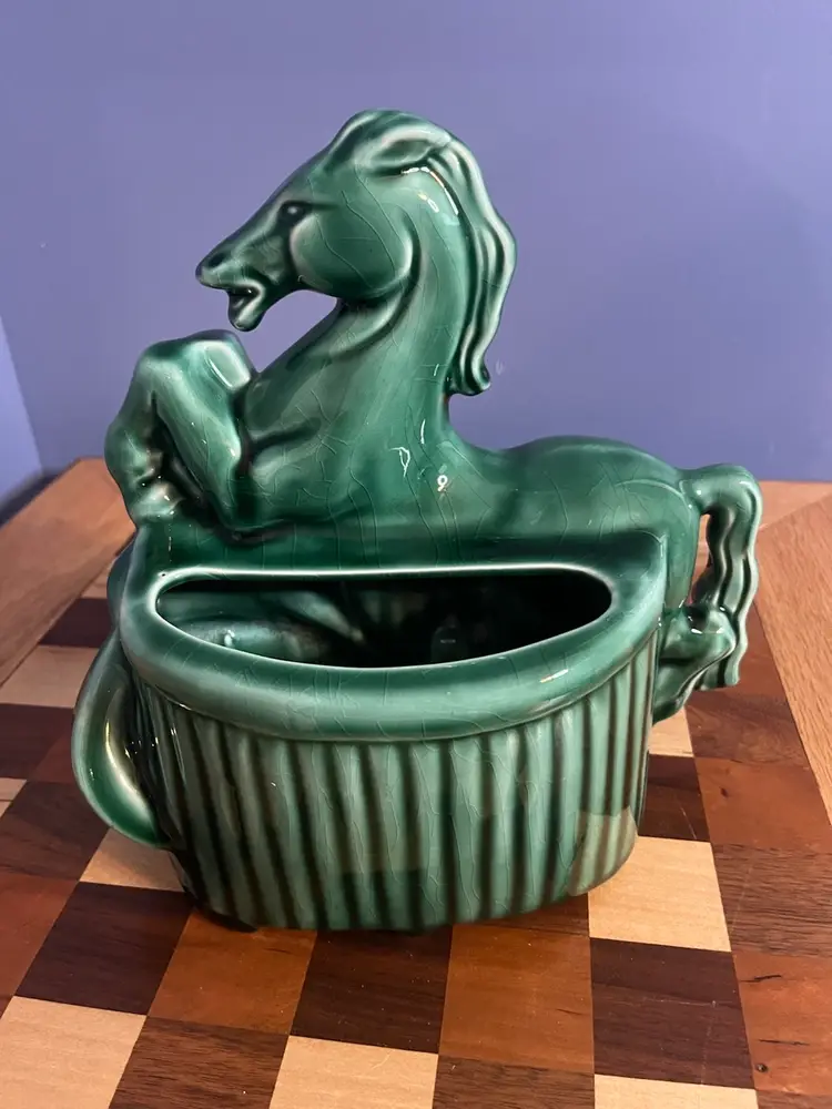 Mid-century ceramic leaping horse planter with jade green glaze. 1940-1960 Made In Japan