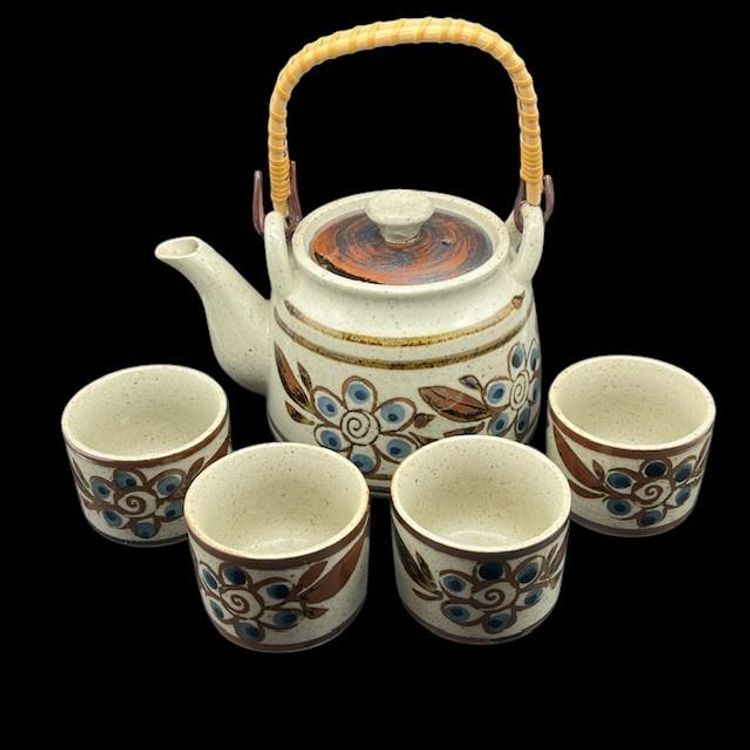 Tea Pot & 4 Cup Set Otagiri Stoneware Pottery Japan Blue Brown Floral Vintage