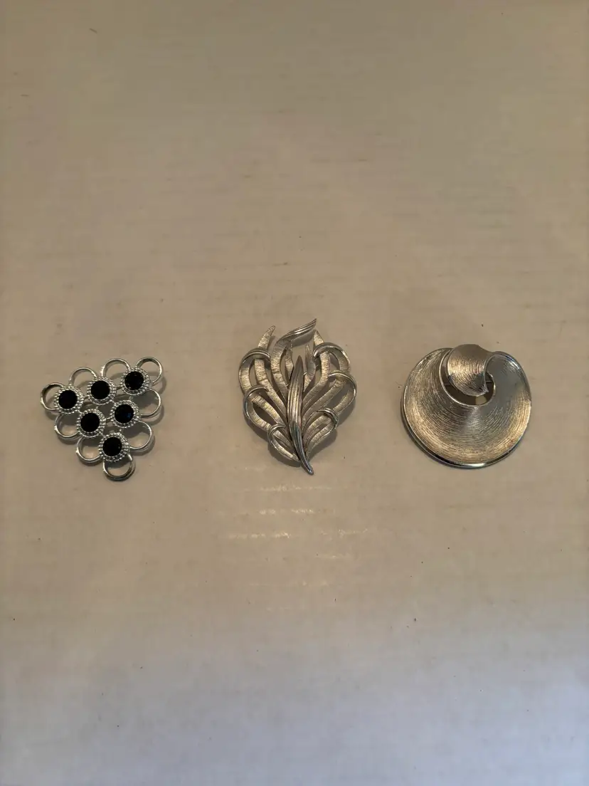 Vintage Lot of 3 Silver Brooches by Trifari & Sara Coventry Circles, Leaf, Swirl