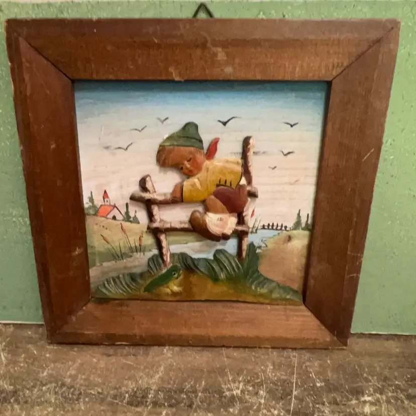 Vintage 1952 Tridel Italy “Escape To Safety” Wood Hand Carved Hand PaintedWood Framed Art Wall Decor
