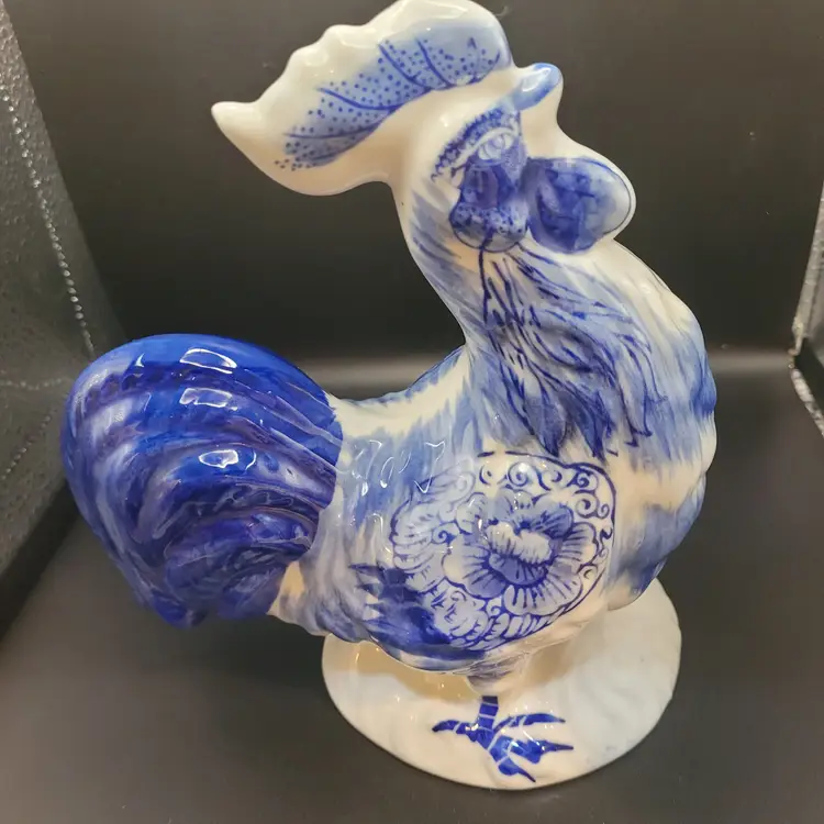 Porcelain Painted Rooster Figurine Cobalt Blue & White Delft Style 7.25 x 6.5 inches