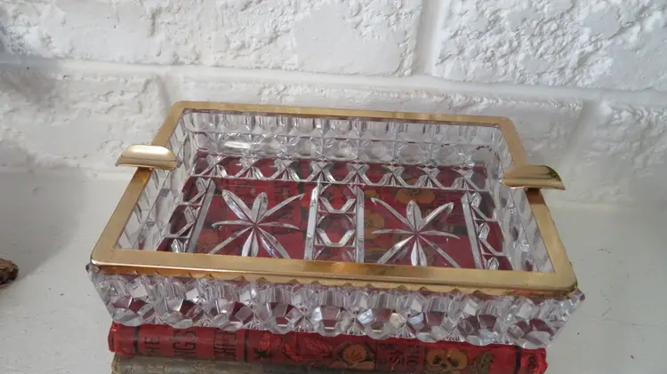 Vintage Italian crystal ashtray with gold rim , heavy ,diamond cut glass BOHO.PROP, MOVIE