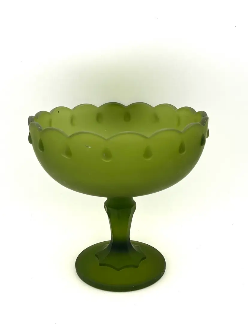 047. Vintage Indiana Glass Teardrop Avocado Green Satin Glass Pedestal Compote Dish