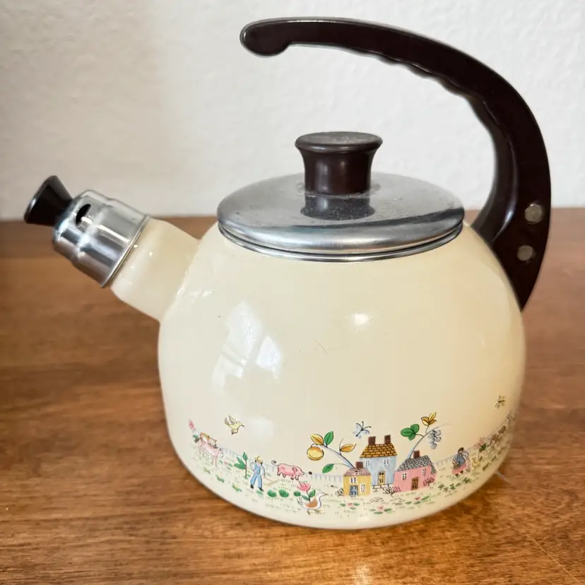 Vtg International China Heartland Tea Kettle Enamel Whistling Pot Grandma Core