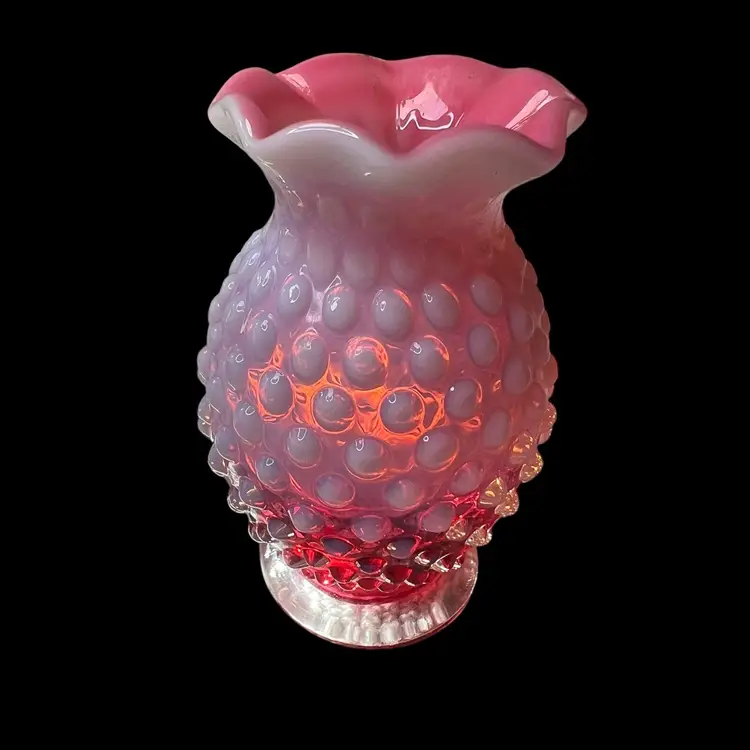 021 Fenton opalescence cranberry hobnail pink case footed mini vase 3.75" x 2.5"