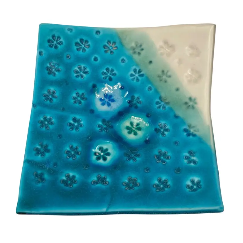 Lesley McInally Studio Pottery (Scotland) Footed Candle Plate/Trinket Dish, Aqua