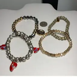 Stretch Bracelets - 1 Red Hat, 1 Gold Crystals, 1 Leo Charm, 1 Signed