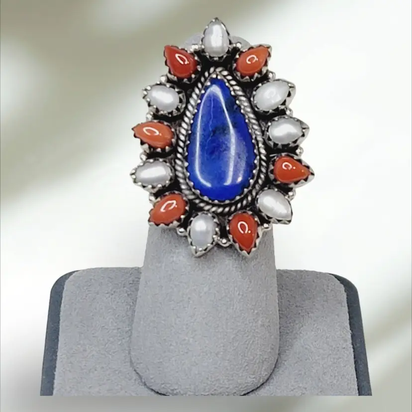 Handmade Adjustable Sterling Silver 925 Lapis Coral Pearl Statement Ring S7