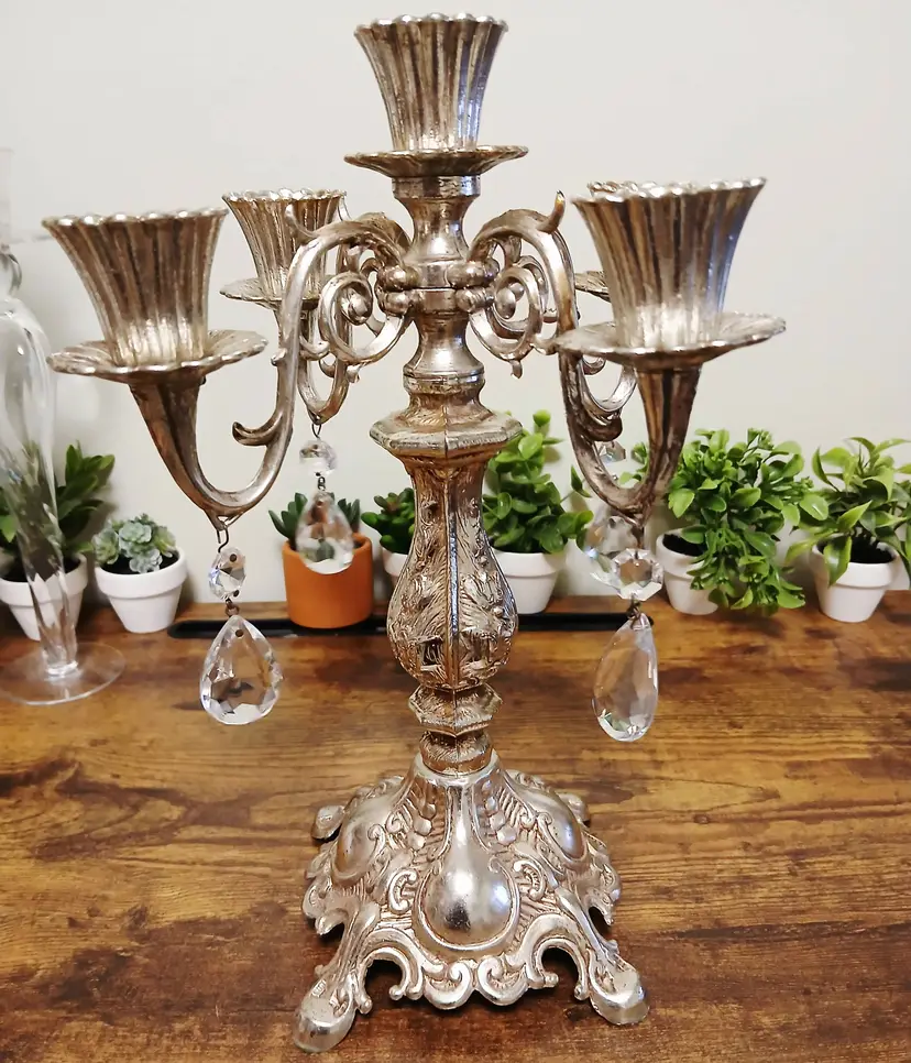 Ornate Silver Toned Candelabra with Crystal Accents 006