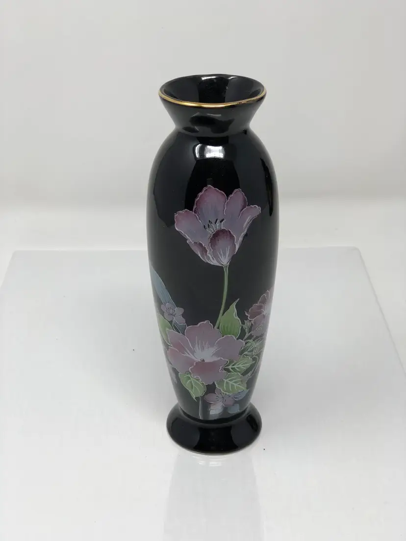 Japanese Black Vase with Purple Floral Design
