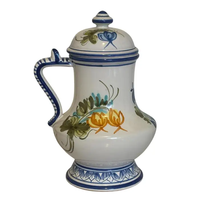 Castelli Italy Floral Pitcher with Lid Marked Blue White Yellow 8 1/4"