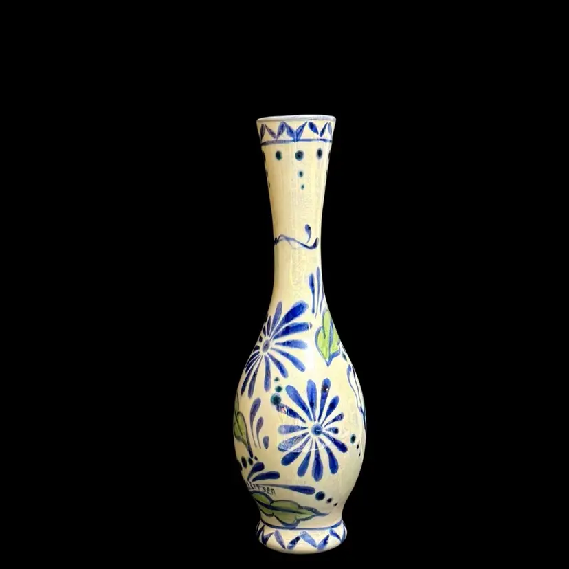 Hand Painted Ceramic Bud Vase Iridescent Blue Aqua & Green Butterflies & Floral
9-1/2” T x 3” W