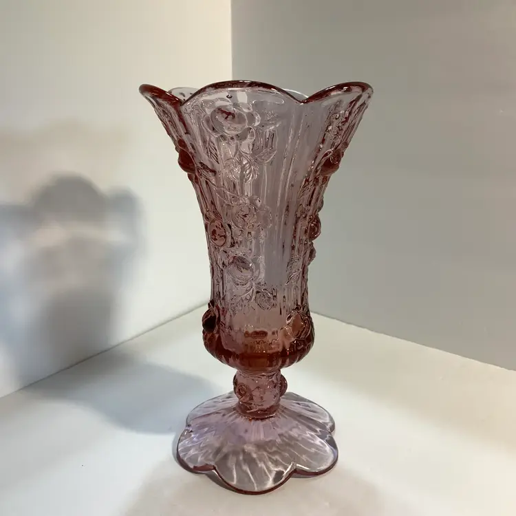 Fenton Pink Cabbage Rose Glass Vase