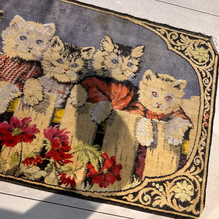 Vintage Turkish Pictorial Cats Velvet Panel Rug Or Wall Hanging