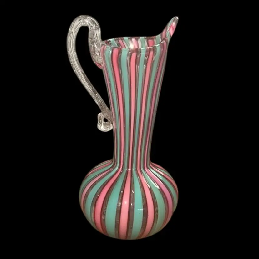 Gorgeous Hand Blown Pink and Blue Striped Art Glass Mini Pitcher Vase with Clear Glass Handle, 4”
