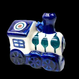 Polish Pottery Train Engine HandPainted Christmas Ornament Peacock Ribbon Hangar