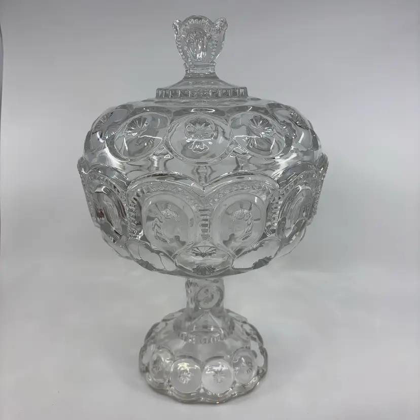 L.E. Smith Moon & Stars XL Clear Compote 13H 8Dia Excellent