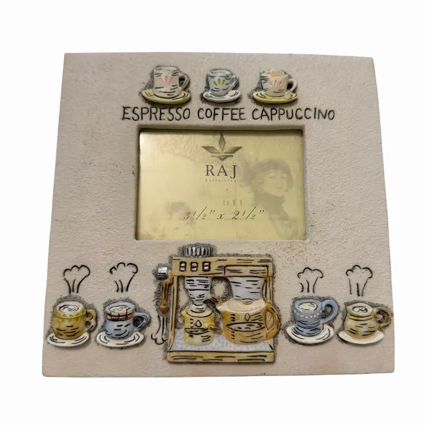 decorative ceramic photo frame from the RAJ Collection, featuring a raised "Espresso Coffee Cappuccino"