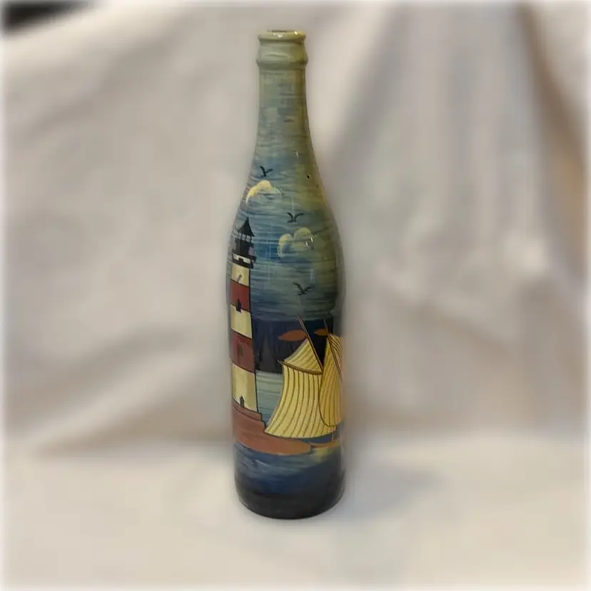 Hand-Painted Nautical Sailboat Decorative Bottle - 11.5” Tall