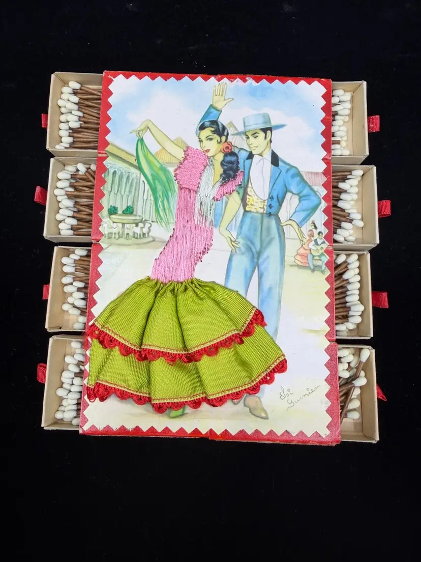 Vtg Postcard Matchbox Holder-8 Slots Flamenco Dancing Couple With Fabric Dress Postcard Back Spain