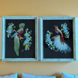 PAIR Vtg Glenn F Baslian Feather Birds Framed Bird of Paradise & Quetzel Mexico