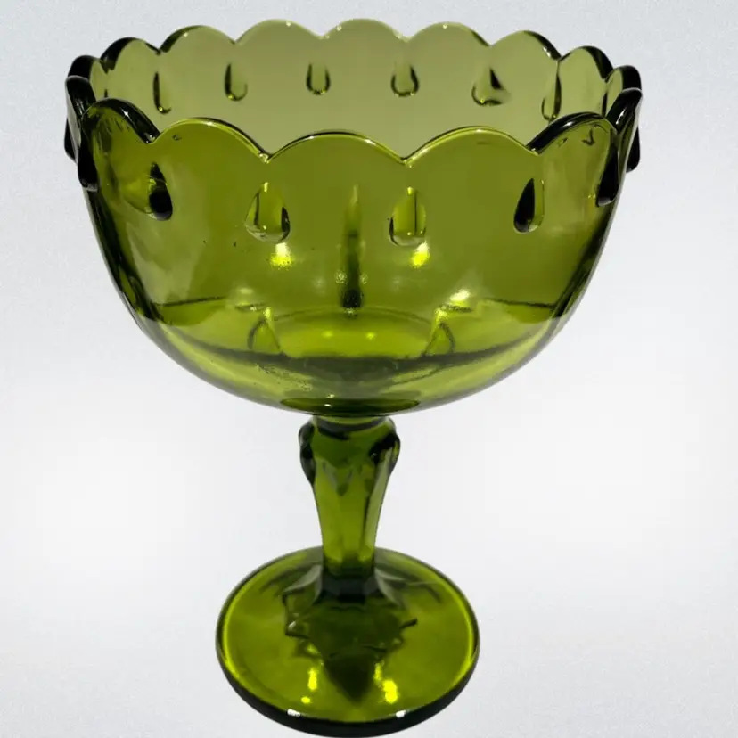 Vintage -Avocado Green Compote – Indiana Glass -Teardrop, 7.5” Tall -5.5” Diameter