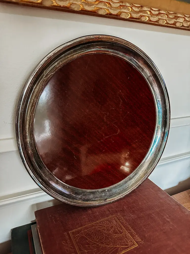 Crescent Wood Grain Formica Laminate Round Serving Tray w/ Silver Plate Rim