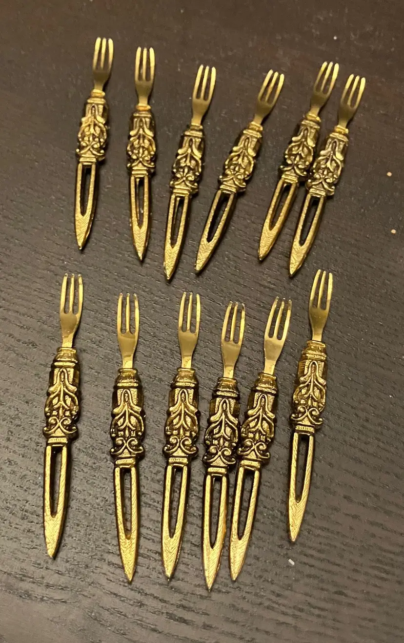 12 VTG Hors d'oeuvre Olive Forks Miniature Brass Gold Tone 3 1/2" long Forks