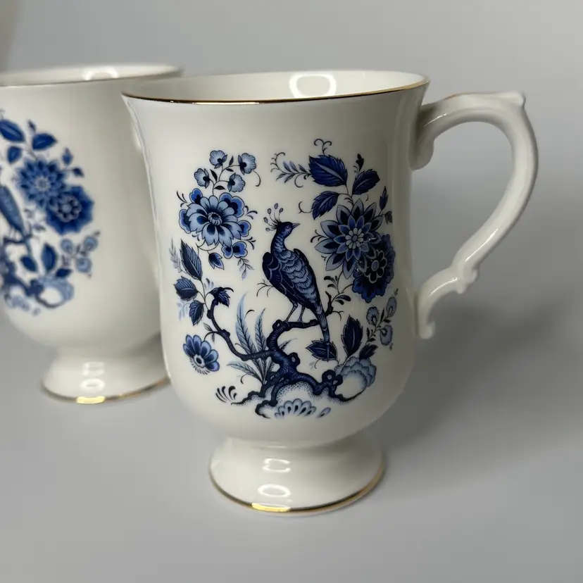 Pair Of Crown Staffordshire Blue & White Peacock Mugs With Gold Trim
