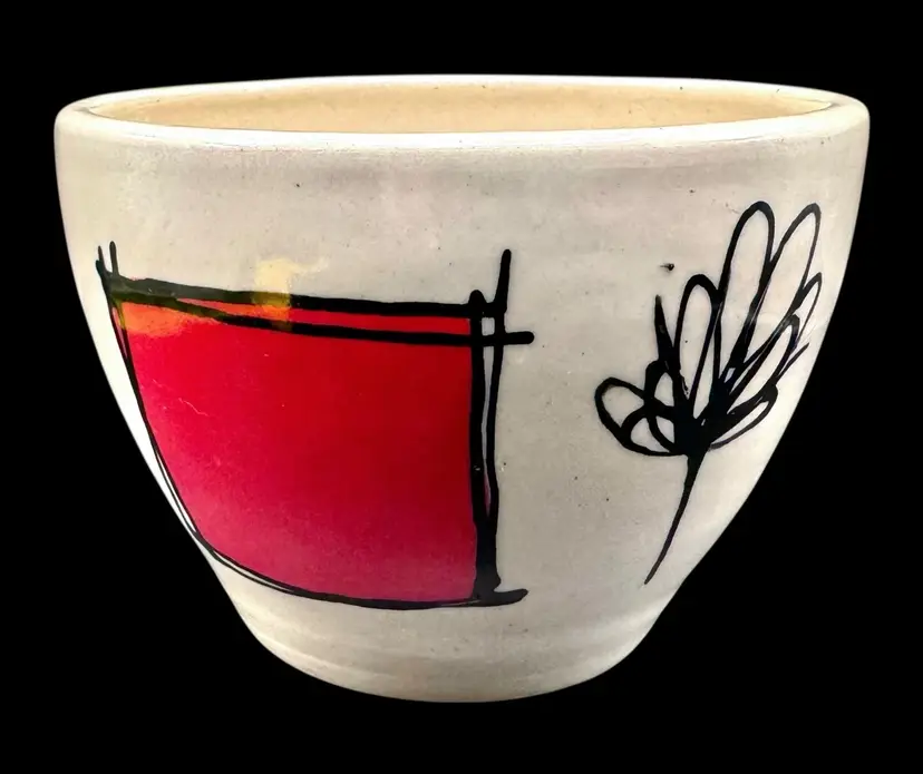 Signed Studio Art Pottery Bowl Red Black White Abstract Floral Round 4.75 x 3.5β