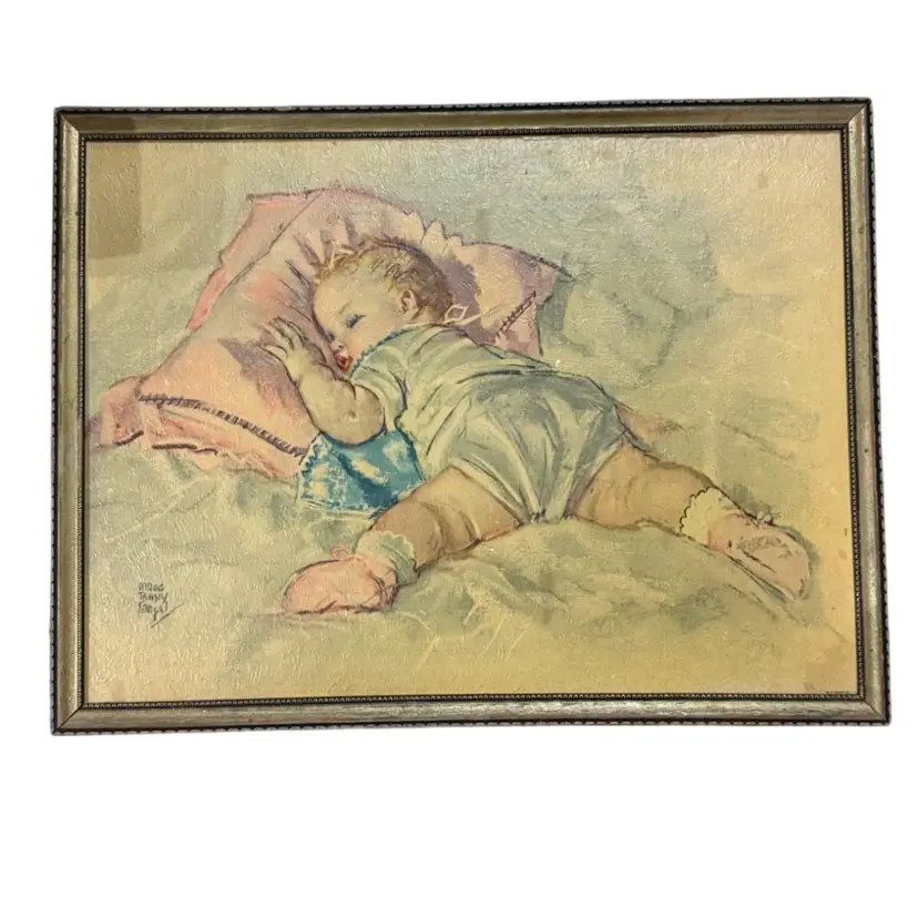 Vintage 1930’s Original Maud Tousey Fangel Lithograph Baby Sleeping Framed Art