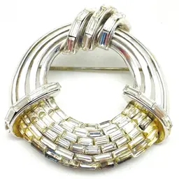 COROCRAFT Brooch Silver Tone Baguette Rhinestone Woven Basket Weave Vintage Pin 11919
