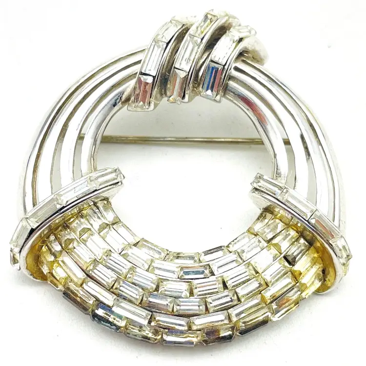 COROCRAFT Brooch Silver Tone Baguette Rhinestone Woven Basket Weave Vintage Pin 11919