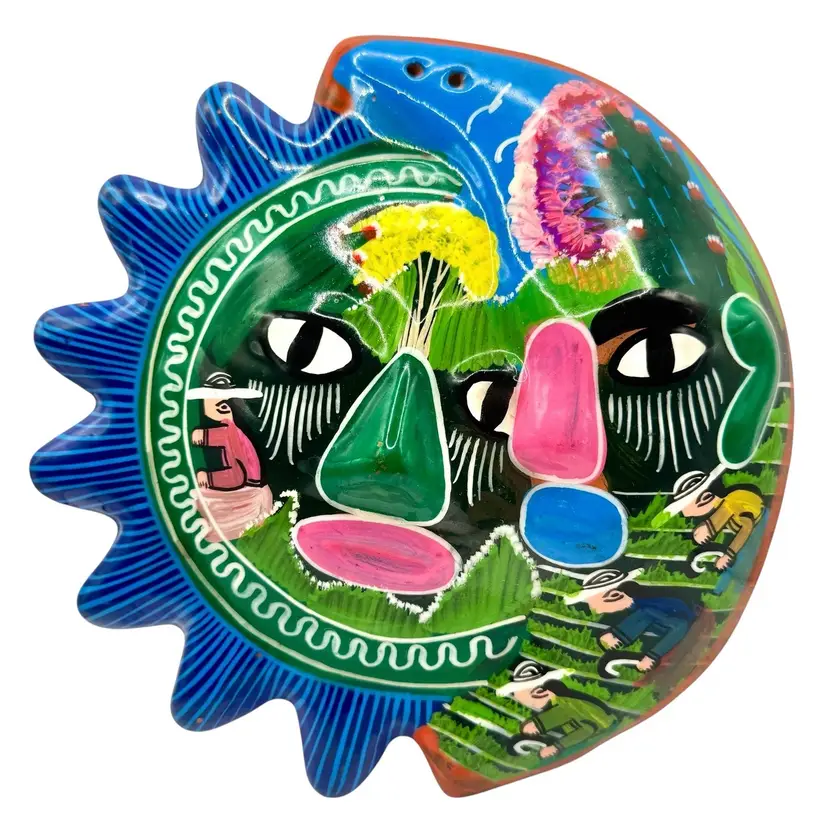 Mexico Pottery Terracotta Clay Sun Moon Face Wall Hanging Folk Art Green Blue 8β