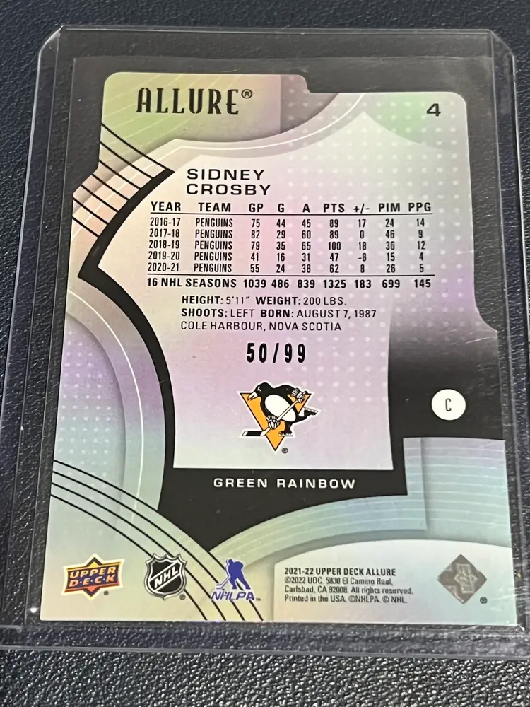 2021-22 Upper deck Allure Sidney Crosby Green Rainbow /99 Die Cut