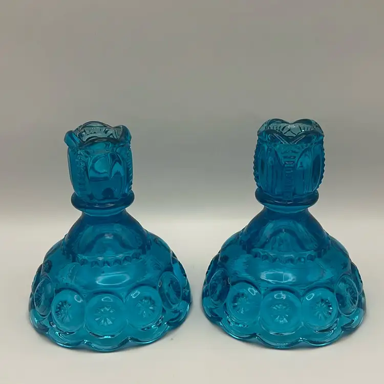 Vintage Pair Of LE Smith Moon And Stars Glass Candlestick Holders, 4.75” Tall