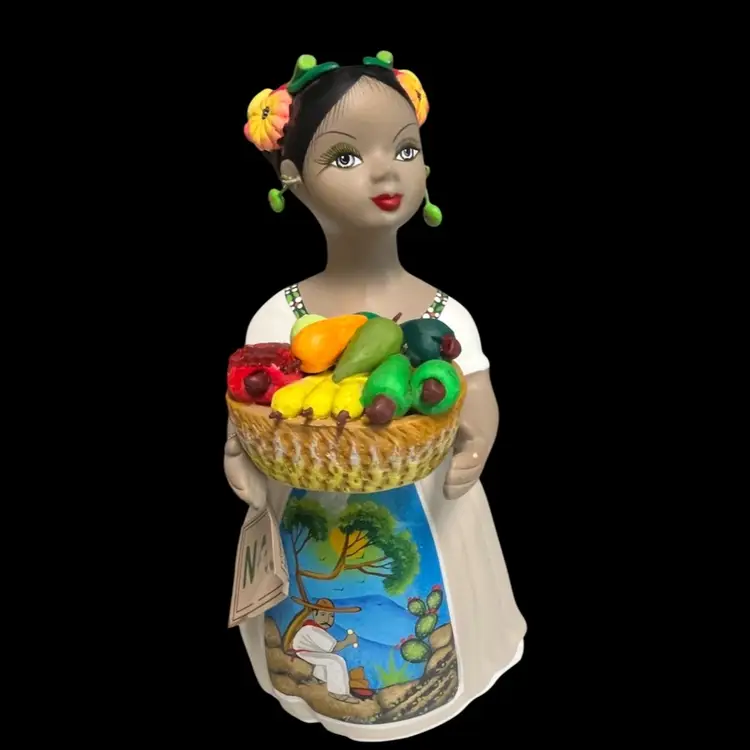 Lupita Original- #22- NAJACO- Mexico- Signed Torres- Tonala -Pottery  Figurine-Vegetable Basket #22- 11.75” Tall, 6” Wide -Tagged & Numbered- She GLOWS!