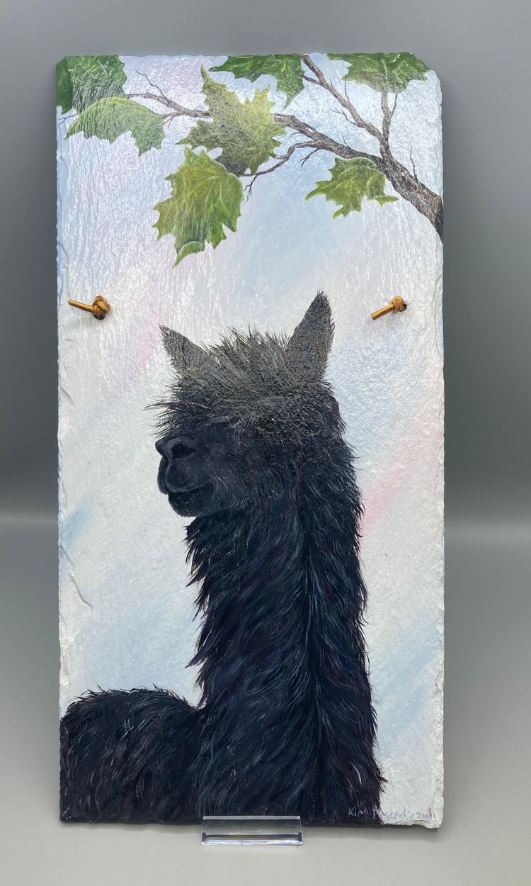 Signed Hand Painted Art - Alpaca on Slate - Wall Hanging
