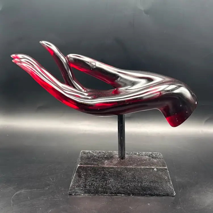 Contemporary Red Lucite Hand On Pedestal