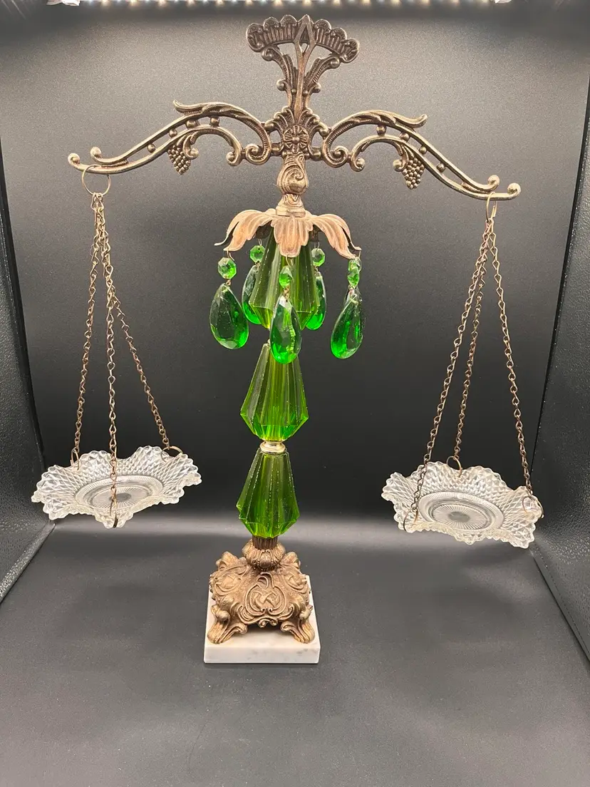 Italian Justice Of Scales Ornate Brass Metal, Marble Base & Acrylic & Emerald Green Glass Prism Sculpture 20” ⚖️