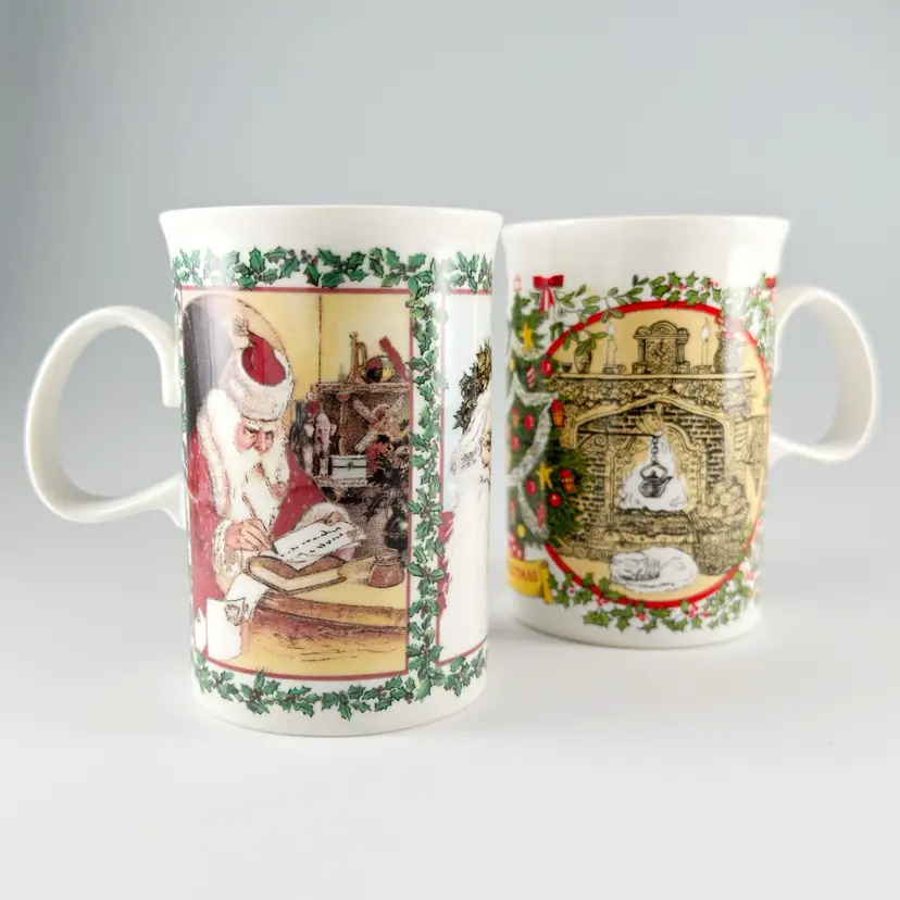 2 Vintage Dunoon Scotland Mugs, Victorian Christmas Cats & "Merry Christmas", Porcelain Stoneware Coffee Cups
